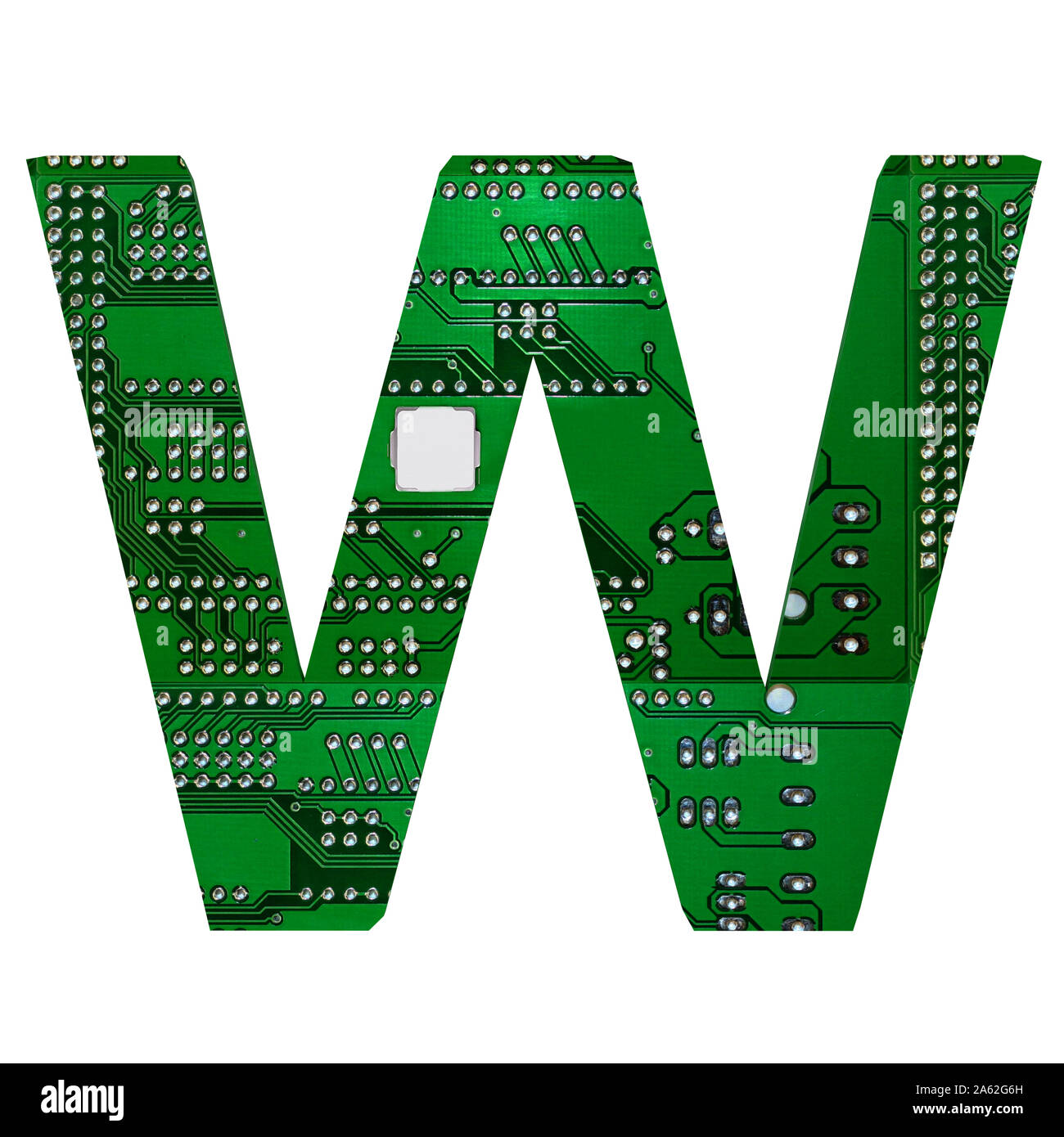 Buchstabe W, Alphabet in Platine Stil. Digitale Hi-tech Brief isoliert auf Weiss. 3D-Darstellung. Stockfoto