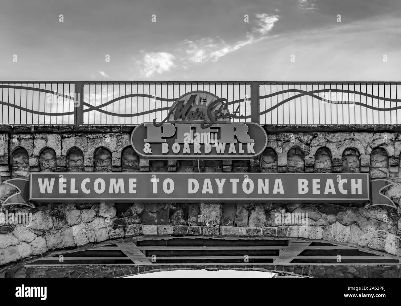 Daytona Beach, Florida. Juli 09, 2019 Blick von Oben auf die Willkommen in Daytona Beach. Stockfoto