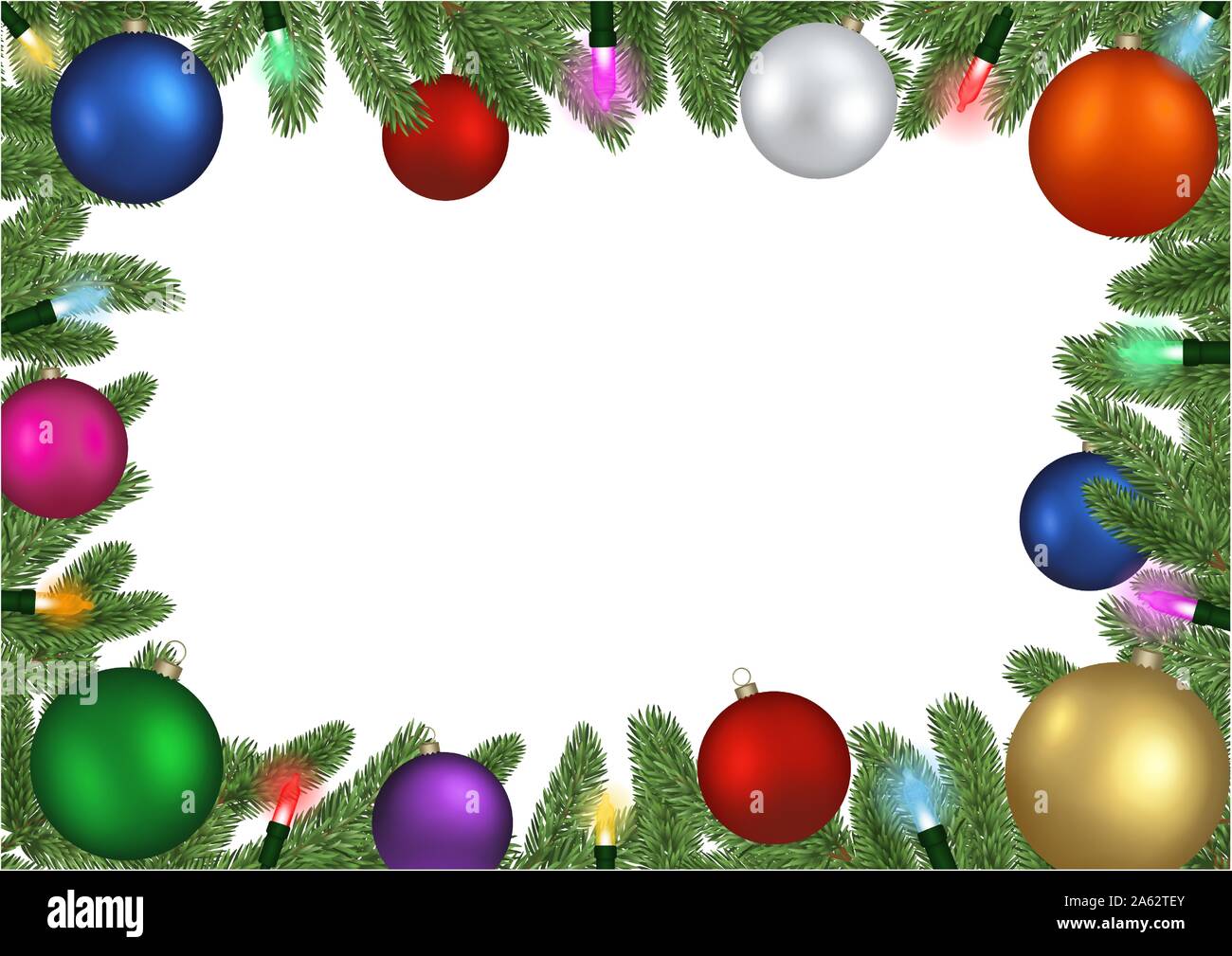 Weihnachten Rahmen Hintergrund mit Kiefernzweigen, Weihnachtskugeln und Weihnachtsbeleuchtung Stock Vektor