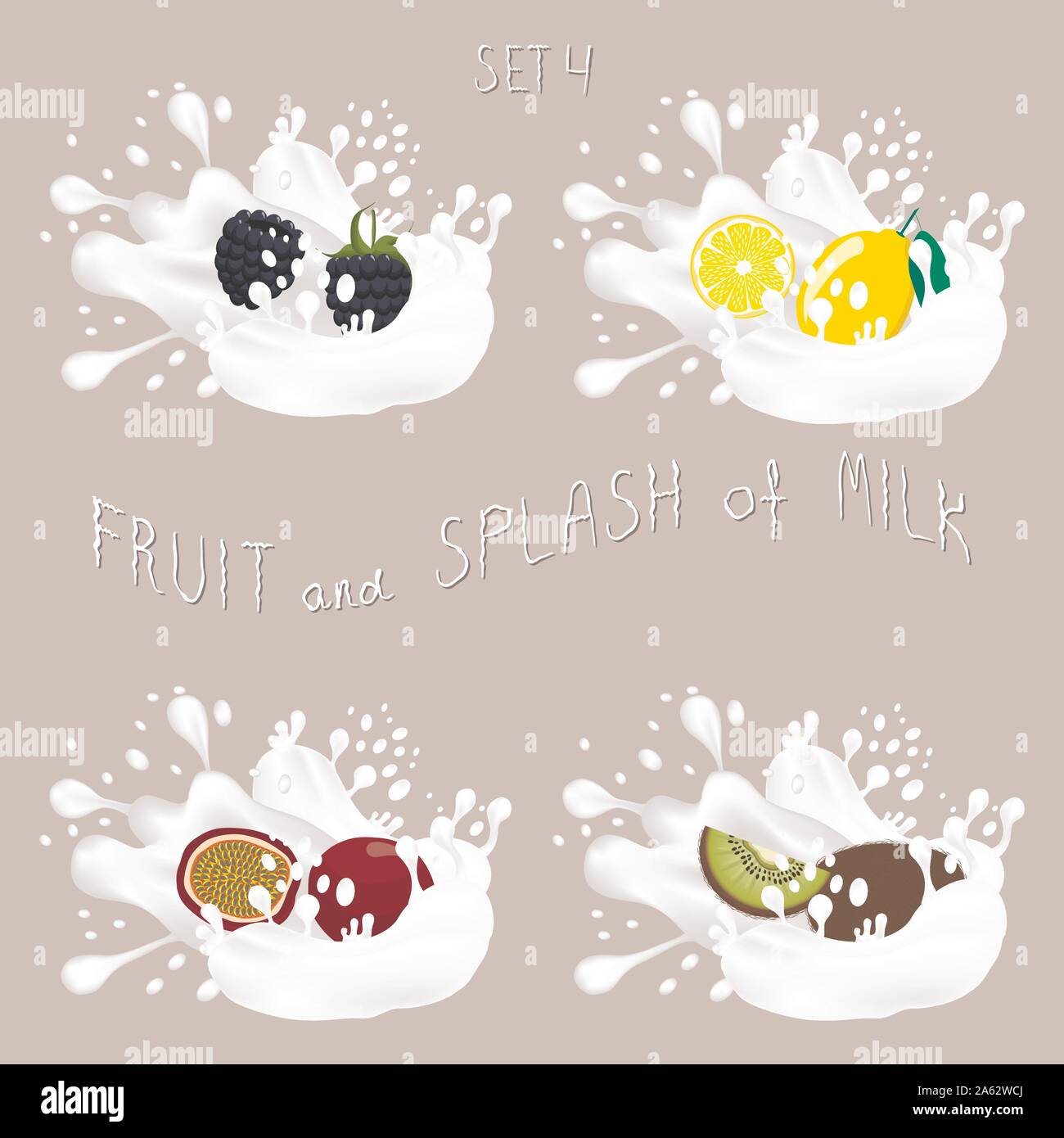 Vektor icon Abbildung: Logo für Kiwi, Zitrone, Black, Passionsfrucht, Spritzer Tropfen weißer Milch. Kiwi Muster der Spritzer Tropfrohr-strömung Milch. Essen süß Stock Vektor