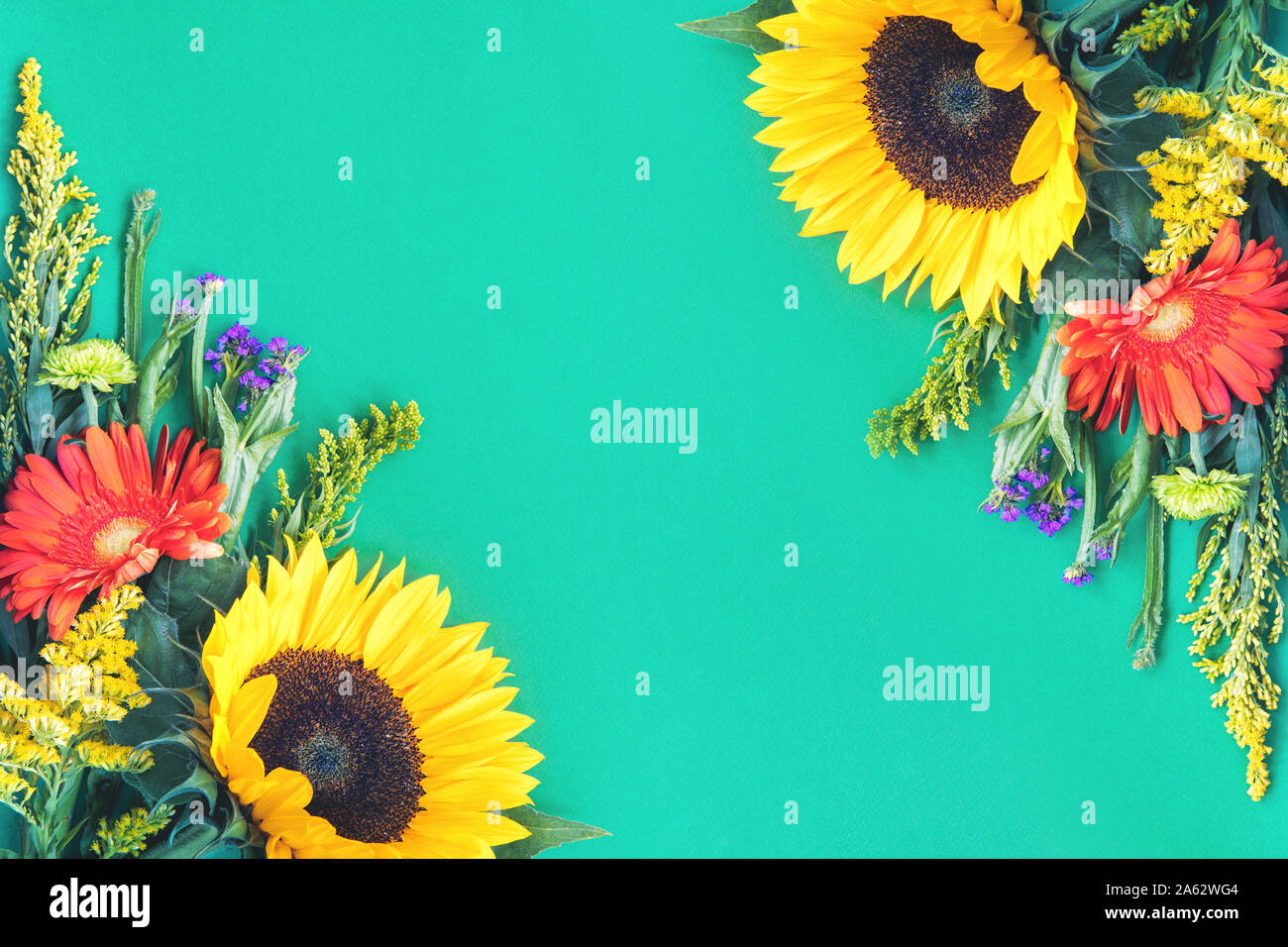 Ecke Grenzen von verschiedenen frischen hellen bunten Sommerblumen liegen auf trendigen Minze Hintergrund. Flet lay Stil. Kopieren Sie Platz. Stockfoto