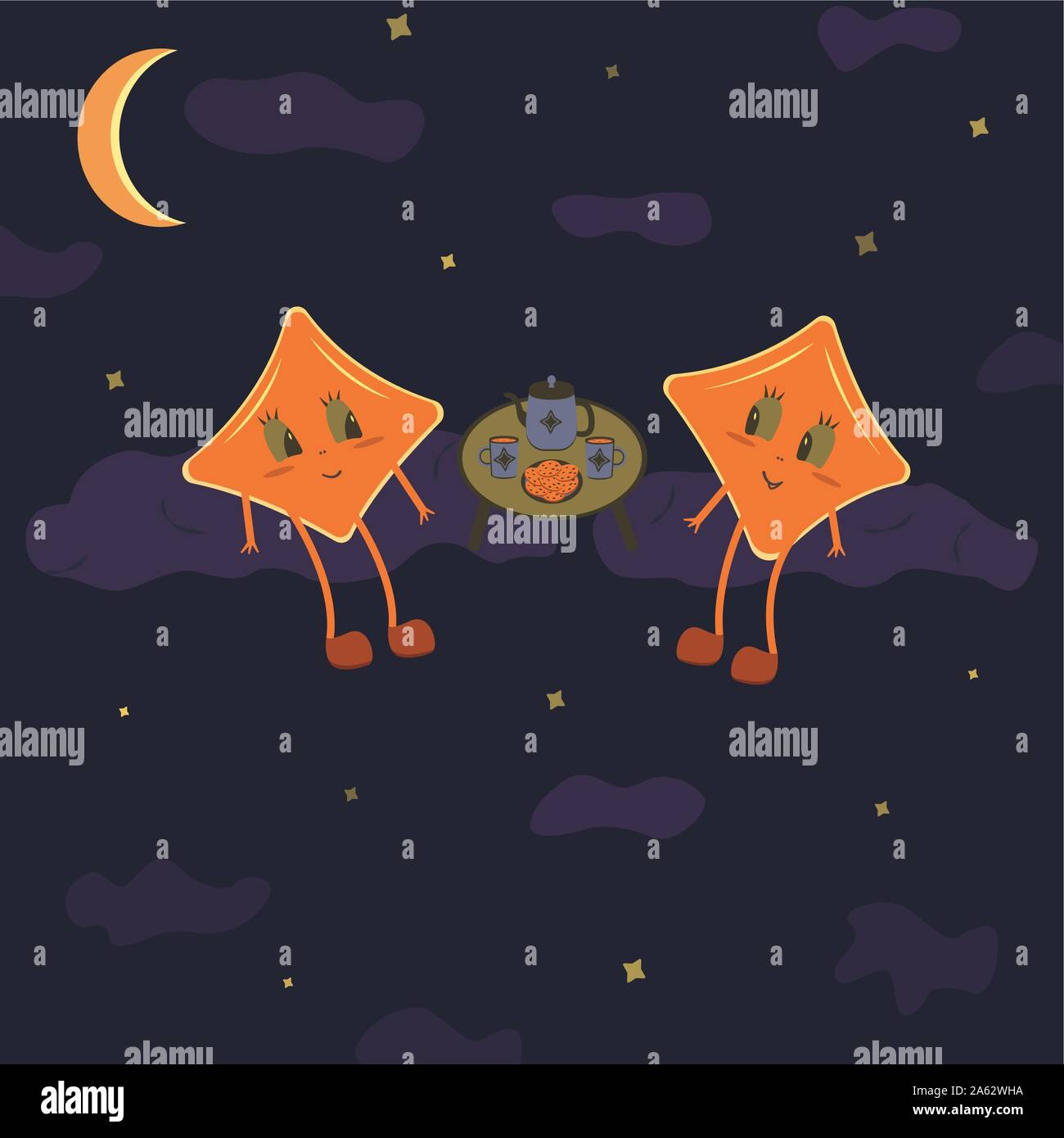 Zwei Sterne im Nachthimmel sitzen auf den Wolken und trinken Tee. Buchillustration, Kinder, Konzept, Freundschaft Stock Vektor