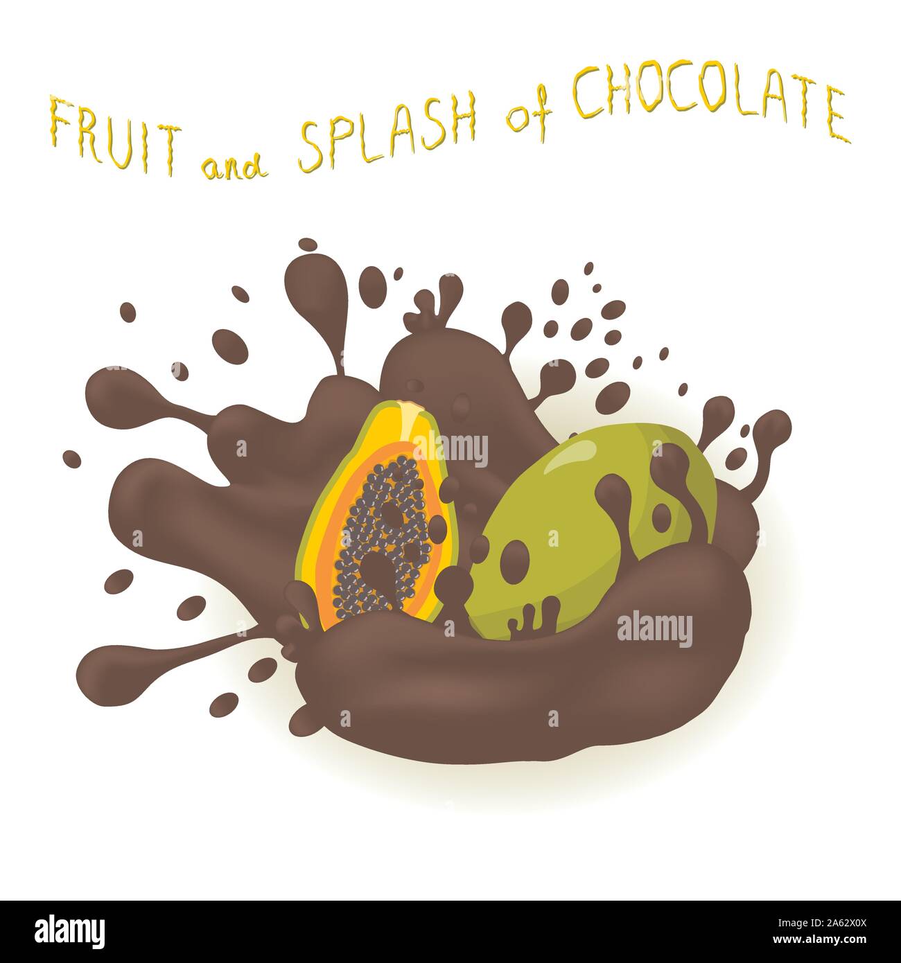 Abstract Vector Illustration logo für exotische Früchte Papaya, Spritzen der drop Schokolade. Papaya Muster bestehend aus Spritzer Tropfrohr-strömung Flüssigkeit Choc Stock Vektor