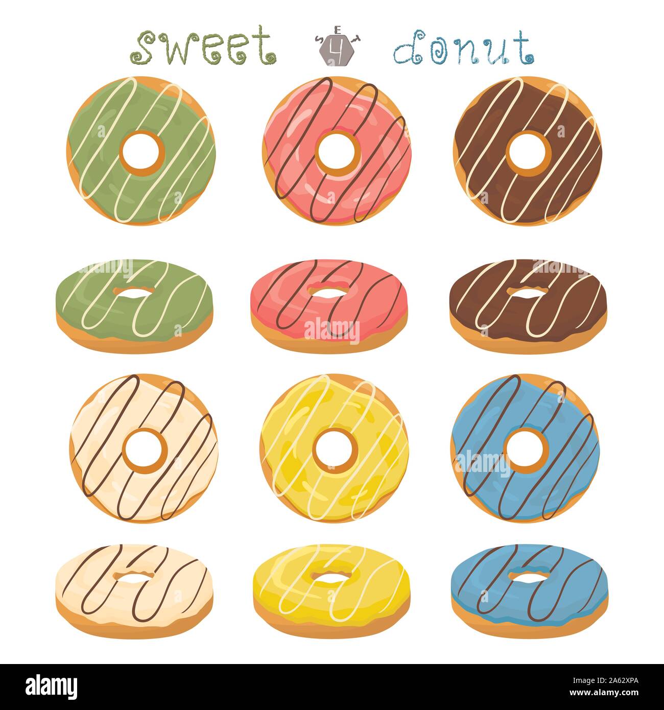 Abstrakt Vektor icon Abbildung: Logo für glasierten süßen Donut. Donut Muster bestehend aus Haufen von verschiedenen farbigen Konfektion Donuts. Essen lecker c Stock Vektor