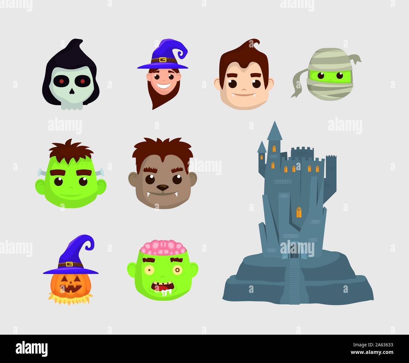 Bündel von Halloween Figuren und schloss Symbole Stock Vektor