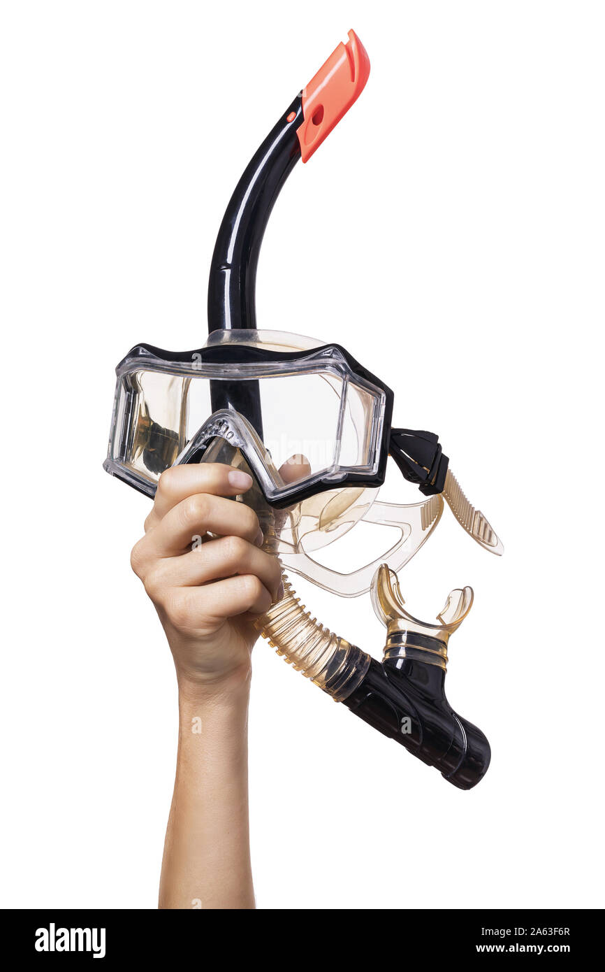 Auf weibliche Hand hält eine Maske für Unterwasser Schwimmen, auf weißem Hintergrund Stockfoto