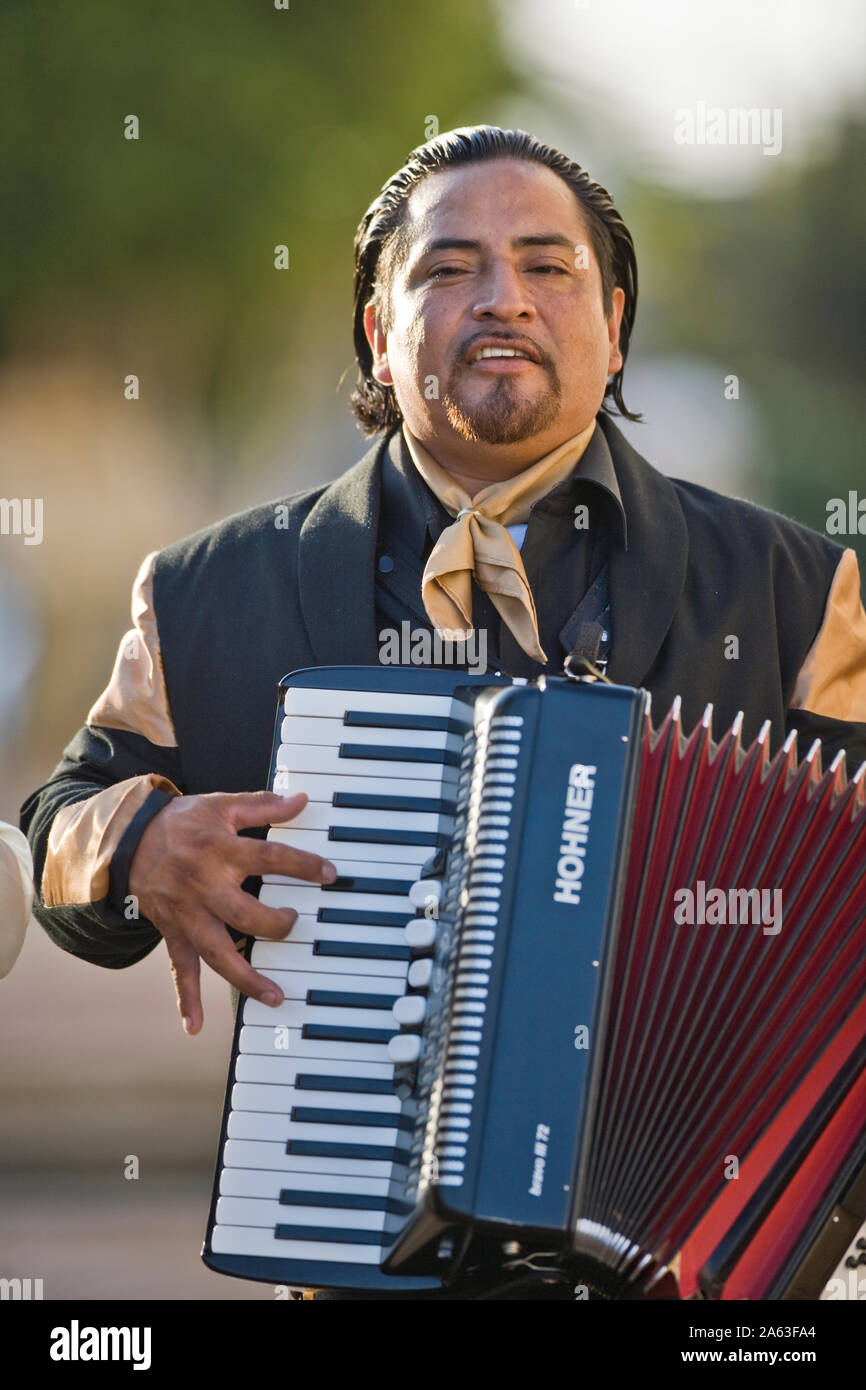 Porträt eines erwachsenen Mannes spielen ein Akkordeon. Stockfoto