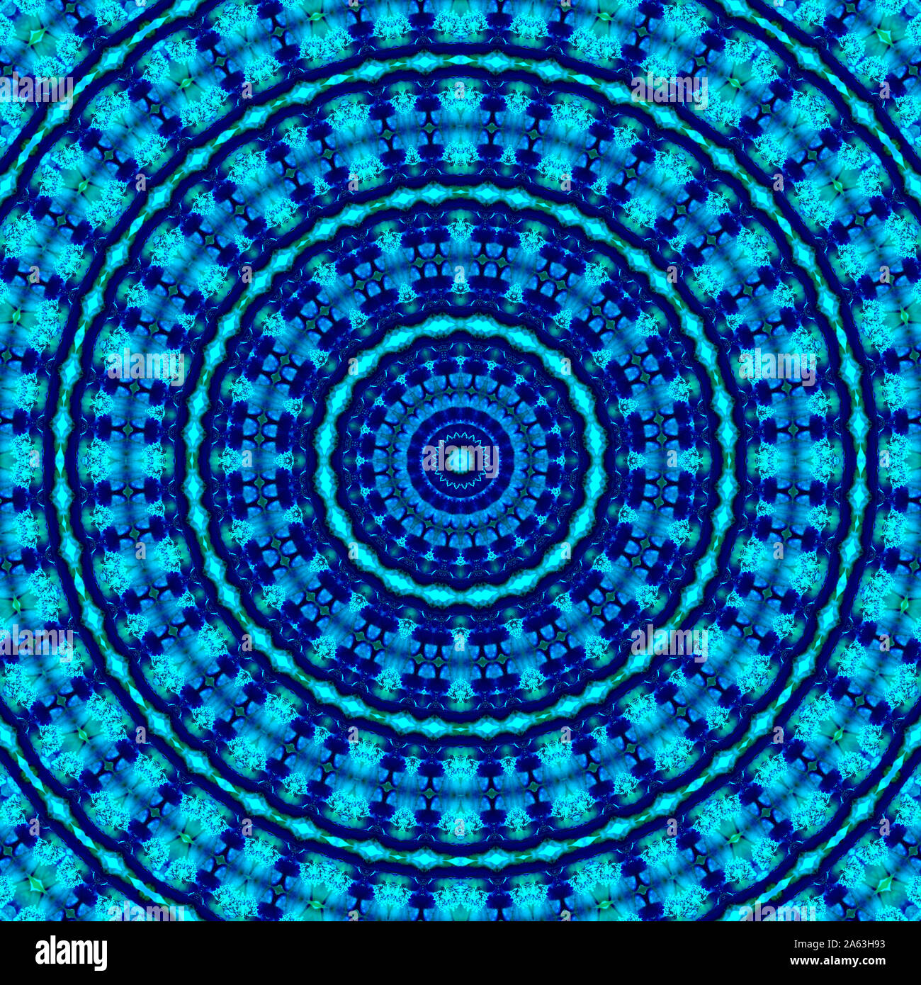 Florale kaleidoskopartige Muster. Geometrische Verzierung. Mandala. Zusammenfassung Hintergrund in Blau- und Grüntönen Stockfoto