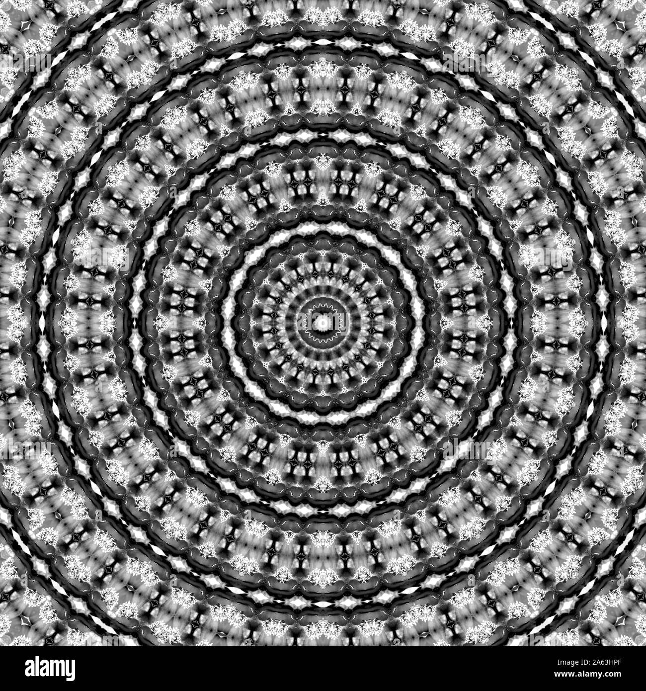 Florale kaleidoskopartige Muster. Einfarbige geometrische Verzierung. Mandala. Abstrakte schwarzen und weißen Hintergrund Stockfoto