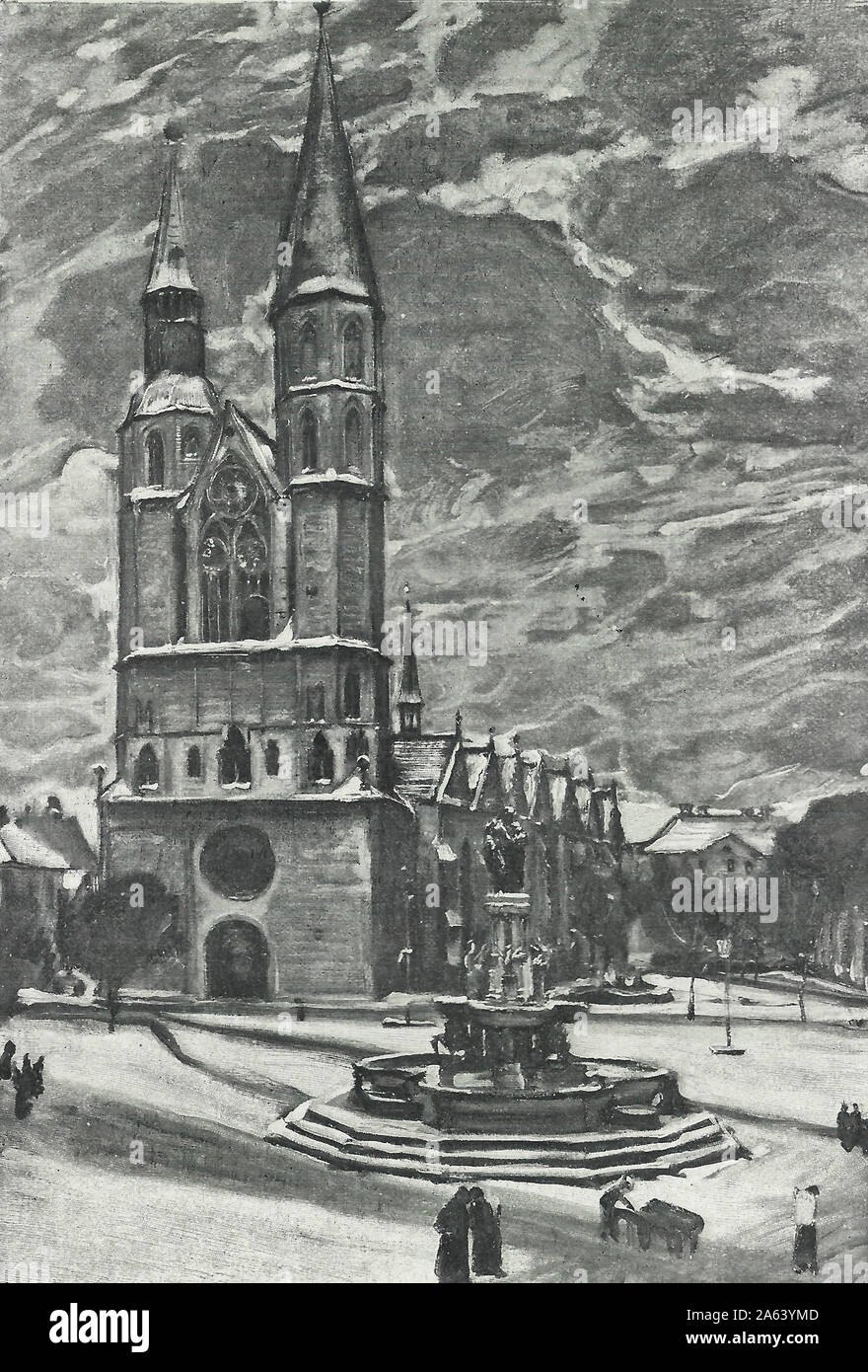 Kirche der Hl. Katharina und Heinrich des Löwen Brunnen in der Hagen Markt, Braunschweig, Deutschland. Von Gertrude Wrumb, ca. 1909 gezeichnet Stockfoto