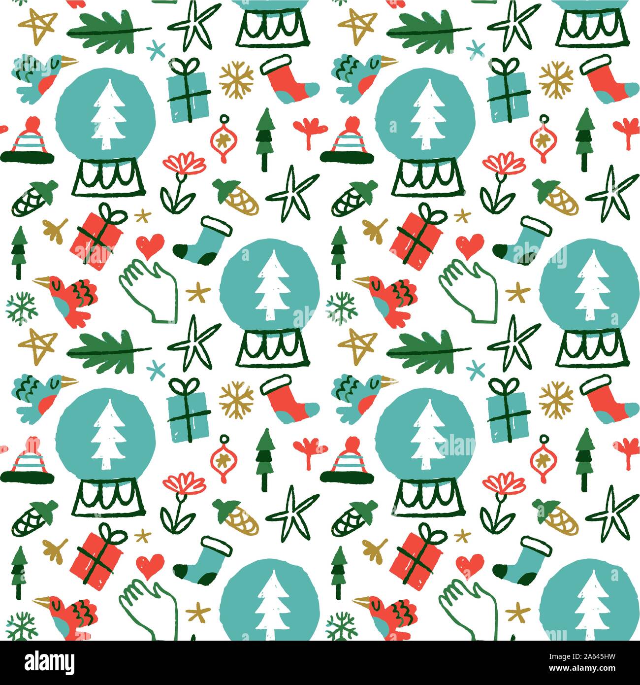 Weihnachten nahtlose Muster Hand gezeichnet Urlaub Natur Symbole. Winter saison Doodle umweltfreundliche Hintergrund schließt Wald pflanzen, Geschenkbox, Schneeflocke ein Stock Vektor