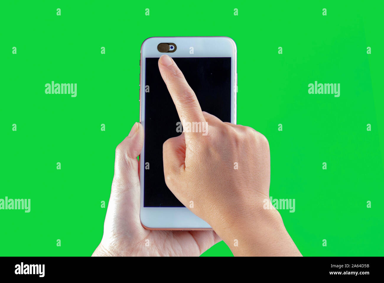 Datenschutz schieben Sie die Abdeckung der Kamera, Webcam Abdeckung für Laptop mit einem grünen Bildschirm Stockfoto