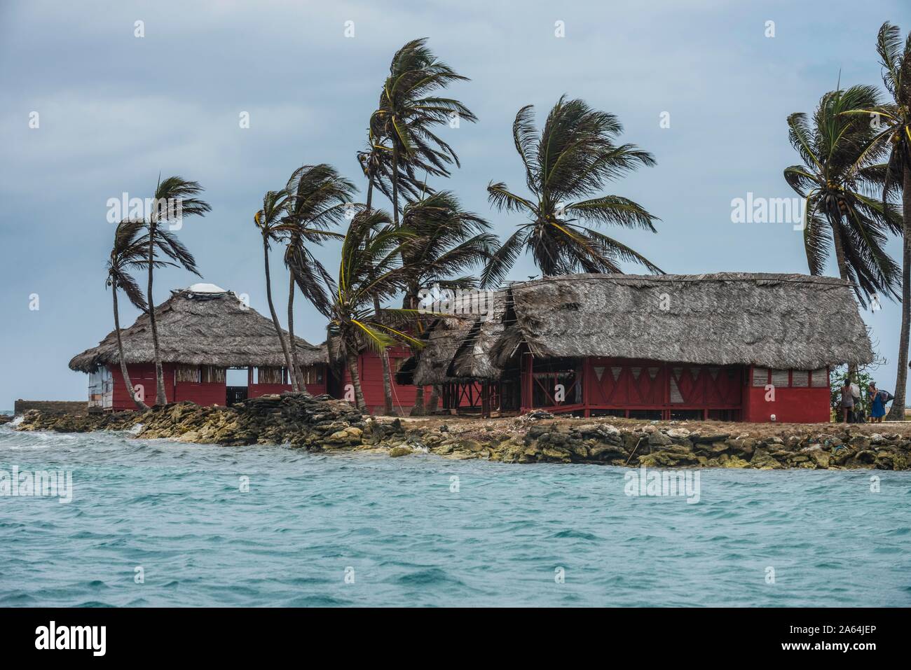 Urige Hütten unter Palmen, Achutupu, San Blas Inseln, Kuna Yala, Panama Stockfoto