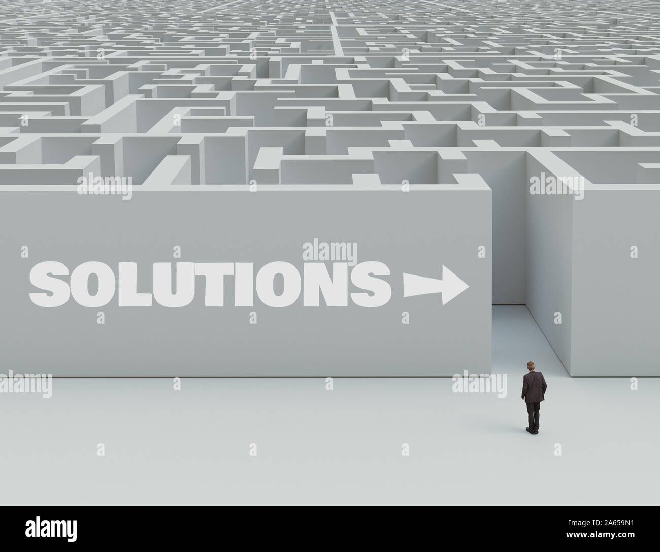 Unternehmer stehen vor dem Eingang zum Labyrinth. Lösungskonzept. 3D-Rendering Stockfoto