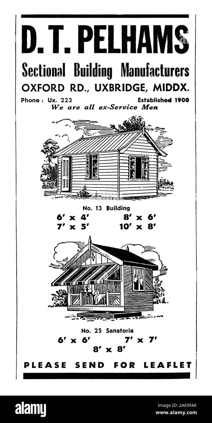 Werbung für D T Pelham von Schuppen, Gartenhäuser, 1951. Die Abbildungen zeigen ihr Schnitt Holzbauten und die Kopie zeigt an, dass das Gebäude von ex-sevicemen in Uxbridge, Middlesex, England, Großbritannien gebaut wurden. Die unteren Sommerhaus oder Chalet ist Der anatoria', drehen kann. Im Inneren befindet sich eine Person im Bett liegt, die an der frischen Luft während sie vom Wind und Regen geschützt. Vor Penicillin angekommen Tuberkulose (TB) war eine tödliche Krankheit. Eine "Heilung" war frische Luft und Ruhe. Oft Sufferers wurden zu entfernten Sanatorien gesendet (covalescence Institutionen) für längere Zeit. Stockfoto