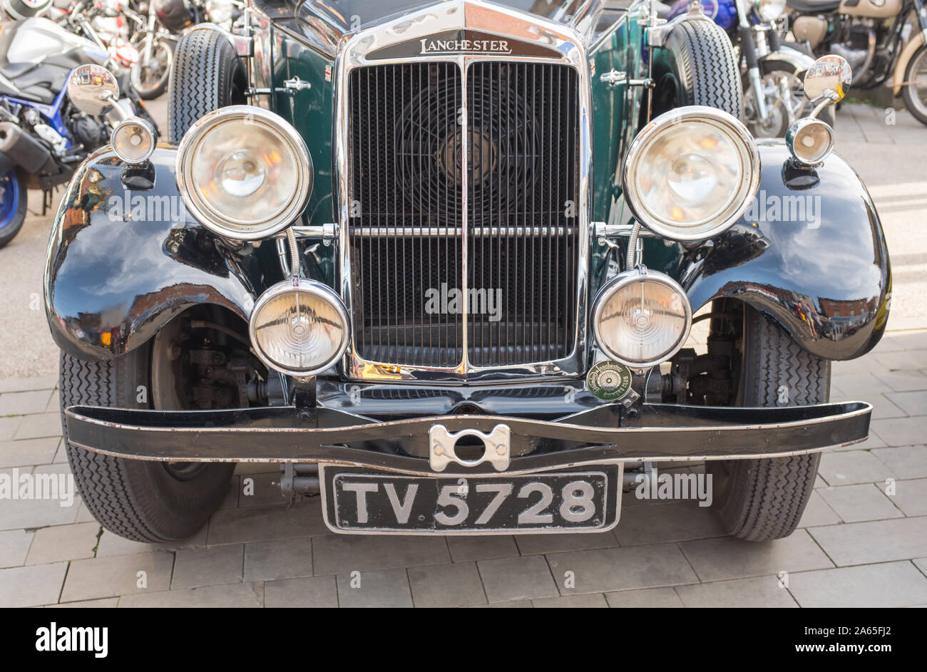 Vintage Lanchester 15/18 Oldtimer, Classic Car Abend, Melton Mowbray, Leicestershire, Großbritannien Stockfoto