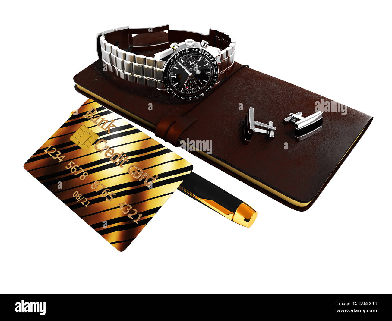 Business set notepad Manschettenknöpfe Armbanduhren Kugelschreiber Kreditkarte 3D-Render auf weißem Hintergrund kein Schatten Stockfoto