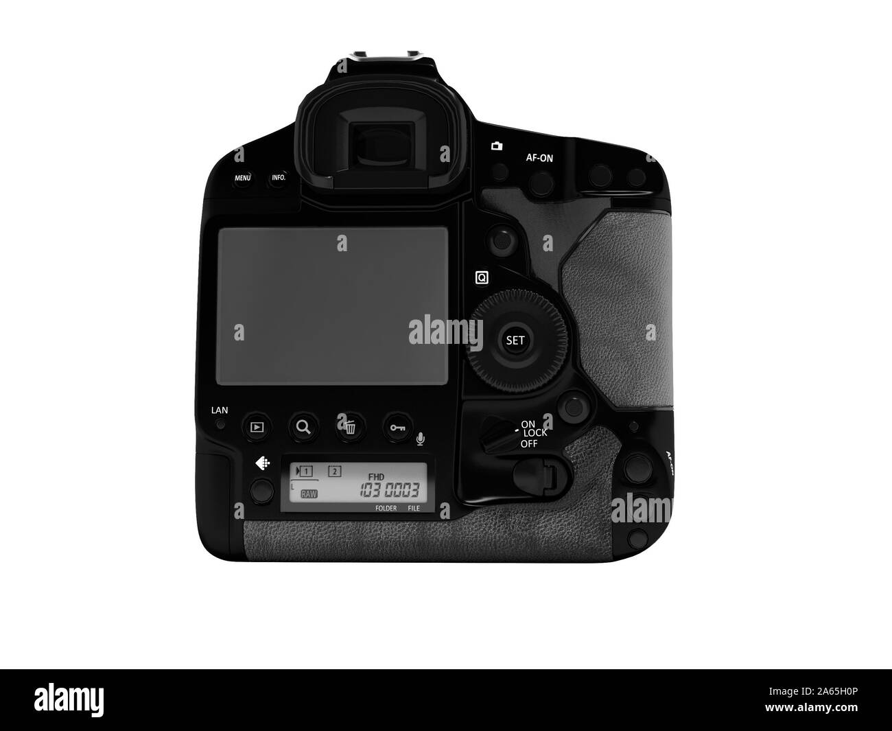 Professionelle black Kamera mit Ledereinsätzen Rückansicht 3D-Render auf weißem Hintergrund kein Schatten Stockfoto