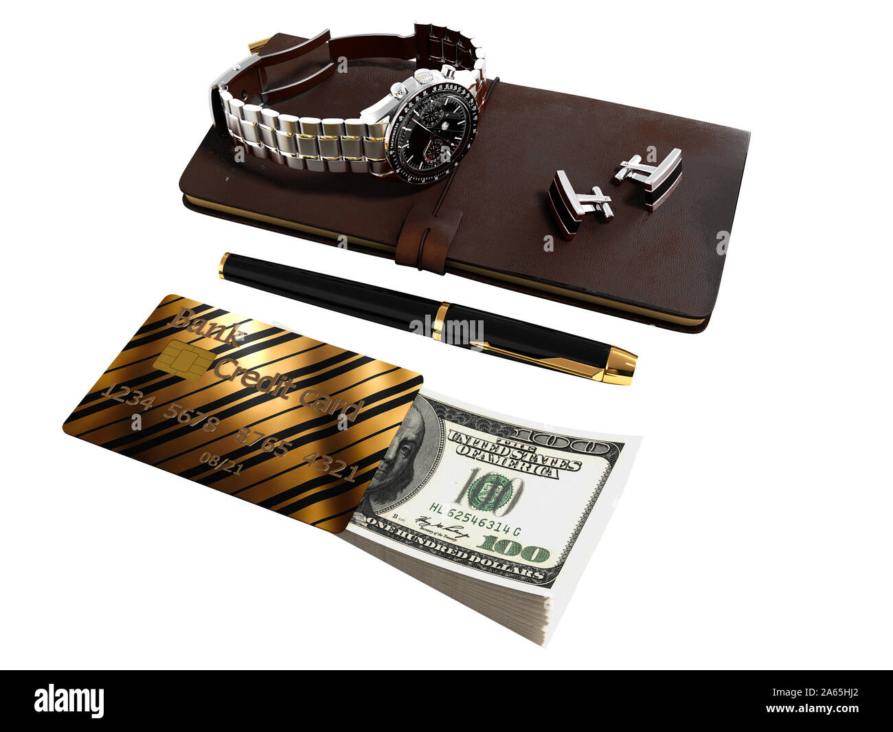 Geschäft für Geschäftsmann notepad Pen Set Manschettenknöpfe Armbanduhr Kreditkarte Geld 3D-Render auf weißem Hintergrund kein Schatten Stockfoto