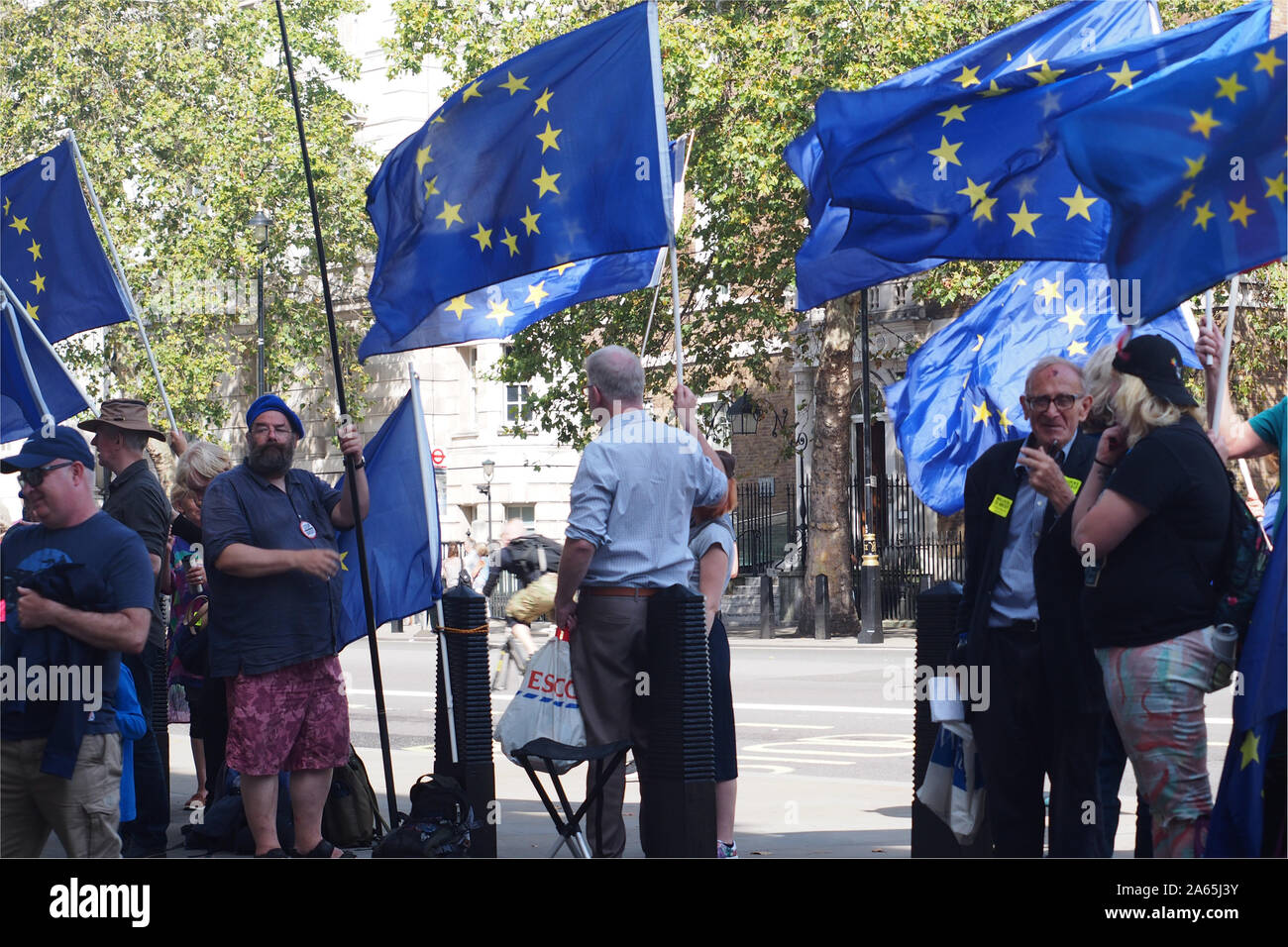 Eine Ansicht der Menschen über Brexit auf Whitehall, Westminster, London protestiert, schwenkten EU-Flaggen Stockfoto