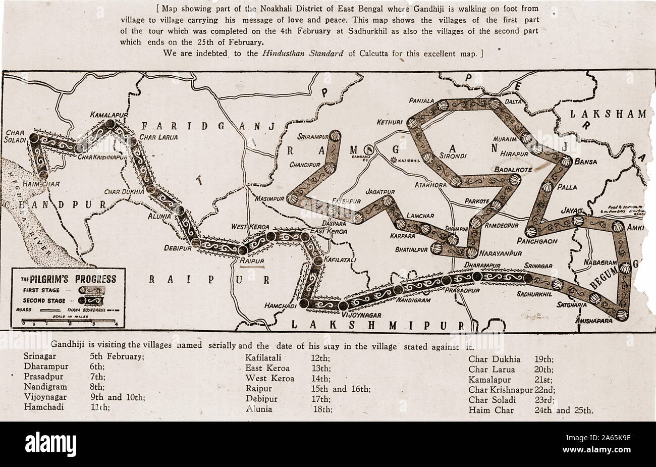 Karte Rundgang Frieden März Route von East Bengal, Bangladesch, 1947 Stockfoto