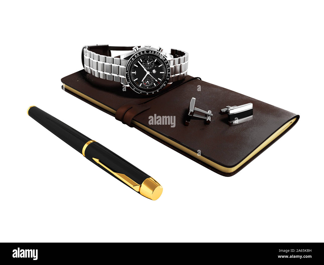 Moderne Unternehmen setzen Sie notepad Tagebuch Kugelschreiber Armbanduhren und Manschettenknöpfe auf Shirt 3D-Render auf weißem Hintergrund kein Schatten Stockfoto
