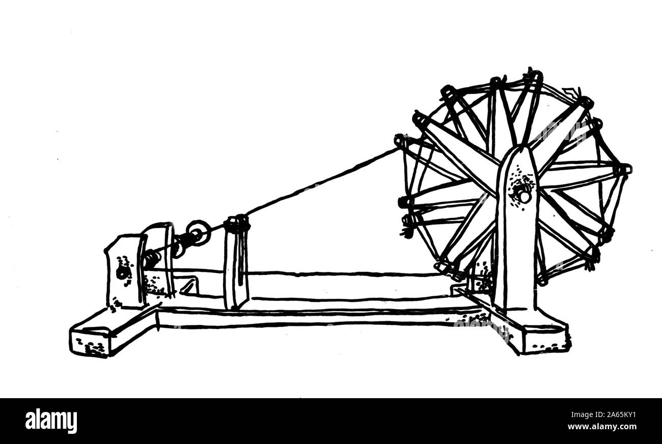 Zeichnung von Charkha von Mahatma Gandhi, Indien, Asien, 1947, altes Bild aus dem Jahr 1900s Stockfoto