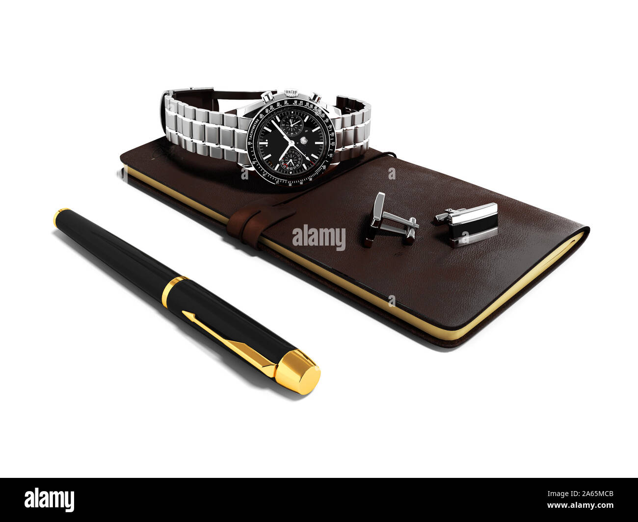 Moderne Unternehmen setzen Sie notepad Tagebuch Kugelschreiber Armbanduhren und Manschettenknöpfe auf Shirt 3D-Render auf weißem Hintergrund mit Schatten Stockfoto