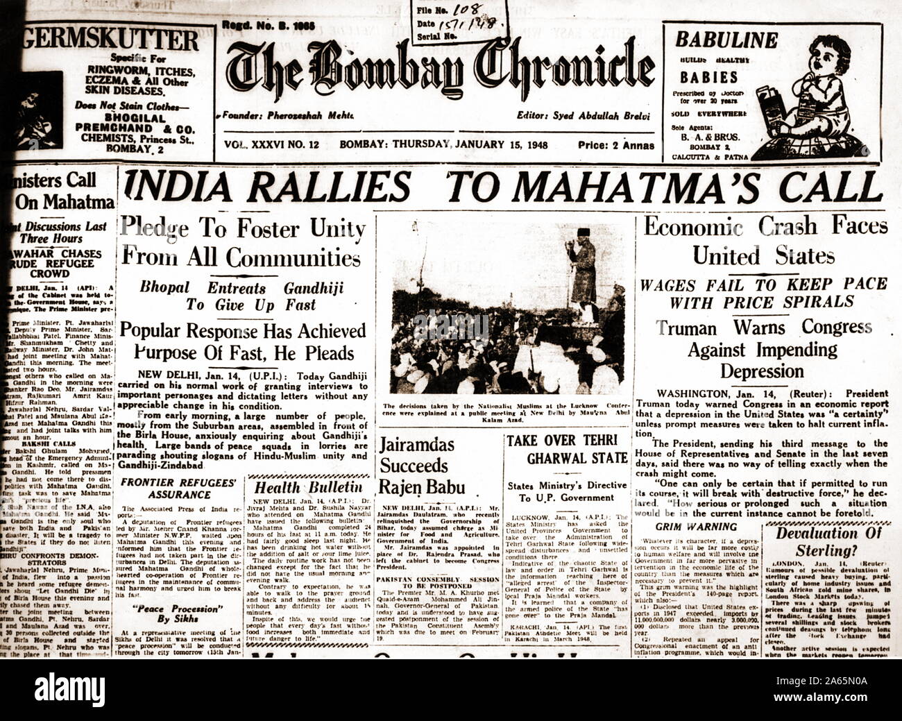 Mahatma Gandhi Aktuelles auf der vorderen Seite Bombay Chronik Zeitung, Mumbai, Maharashtra, Indien, Asien, 15. Januar 1948 Stockfoto