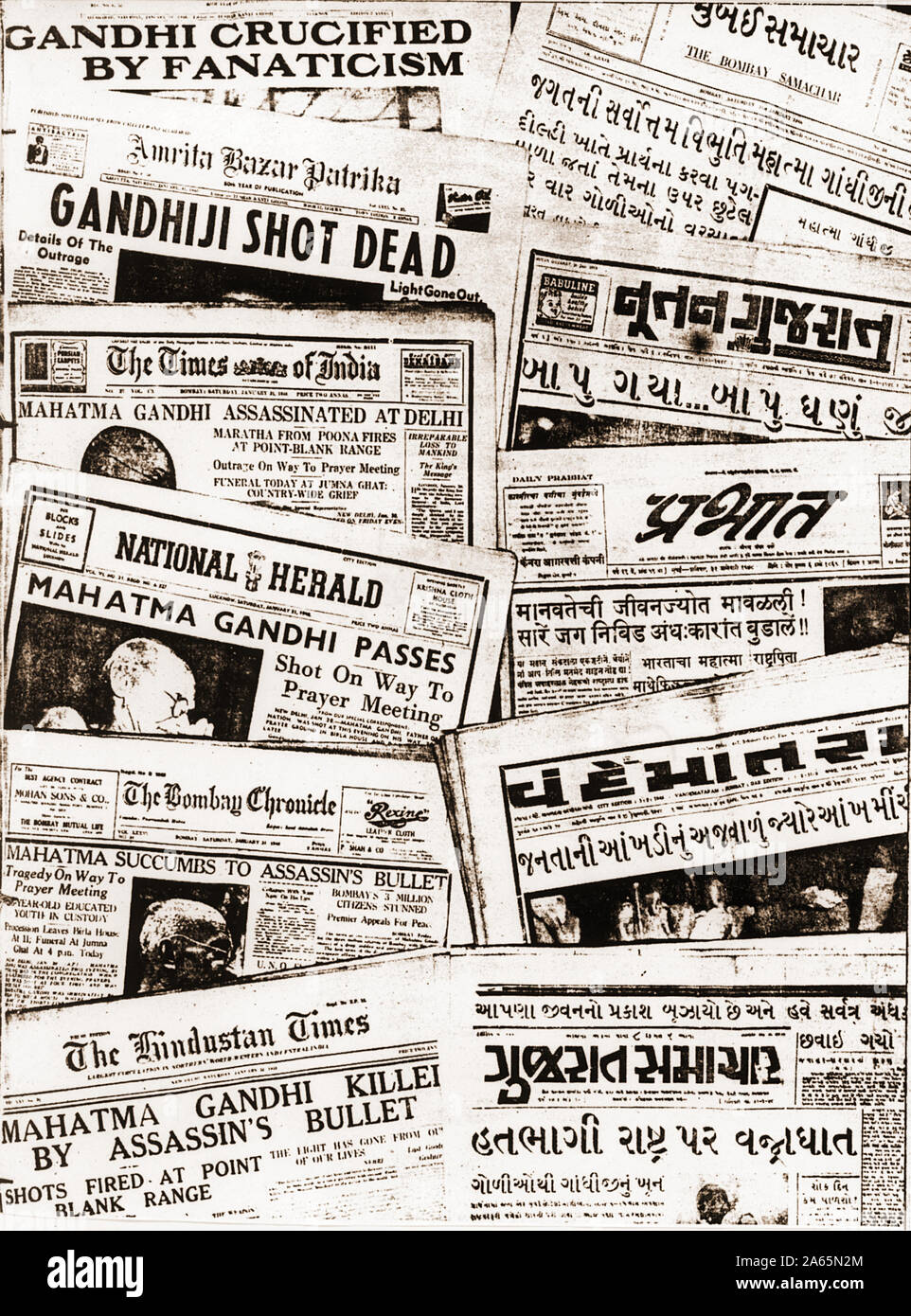 Collage von Zeitungen, die Mahatma Gandhi-Attentat, Indien, Asien, 31. Januar 1948, Altes Vintage 1900s Bild Stockfoto