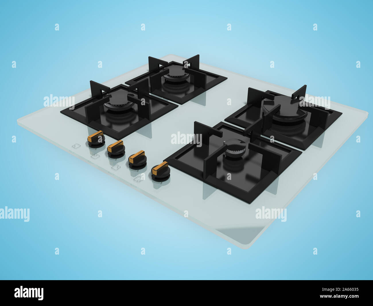 Gasherd embedded Glas Metall 3D-Render auf blauem Hintergrund mit Schatten Stockfoto