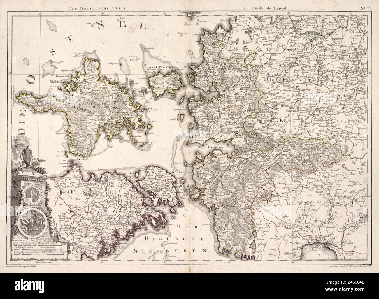 Deutsch: Ludwig August Mellin, Atlas von Liefland, oder von den Beyden Gouvernementern U. Herzogthümern Lief- und Ehstland, und der Provinz Oesel. Diese Arbeit enthält 14 Karten ist der erste komplette Atlas von Lettland und Estland. Der Compiler des Atlas, Graf Ludwig August Mellin (1754-1835), war ein Deutscher, der in der Ostsee Tuhala, Estland geboren wurde, dann eine Provinz des Russischen Reiches. Bei einem Besuch in Riga 1782, Krone Prinz Paul von Russland angeblich gebeten, eine Karte mit der Lage des Livländischen Abteilung der Russischen Armee zu sehen. Wenn es stellte sich heraus, dass keine solche Karte gab, Mellin, dann ein Sie Stockfoto