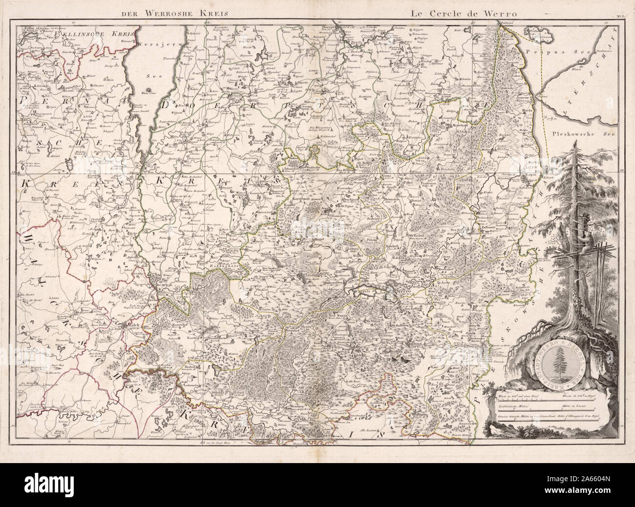 Deutsch: Ludwig August Mellin, Atlas von Liefland, oder von den Beyden Gouvernementern U. Herzogthümern Lief- und Ehstland, und der Provinz Oesel. Diese Arbeit enthält 14 Karten ist der erste komplette Atlas von Lettland und Estland. Der Compiler des Atlas, Graf Ludwig August Mellin (1754-1835), war ein Deutscher, der in der Ostsee Tuhala, Estland geboren wurde, dann eine Provinz des Russischen Reiches. Bei einem Besuch in Riga 1782, Krone Prinz Paul von Russland angeblich gebeten, eine Karte mit der Lage des Livländischen Abteilung der Russischen Armee zu sehen. Wenn es stellte sich heraus, dass keine solche Karte gab, Mellin, dann ein Sie Stockfoto