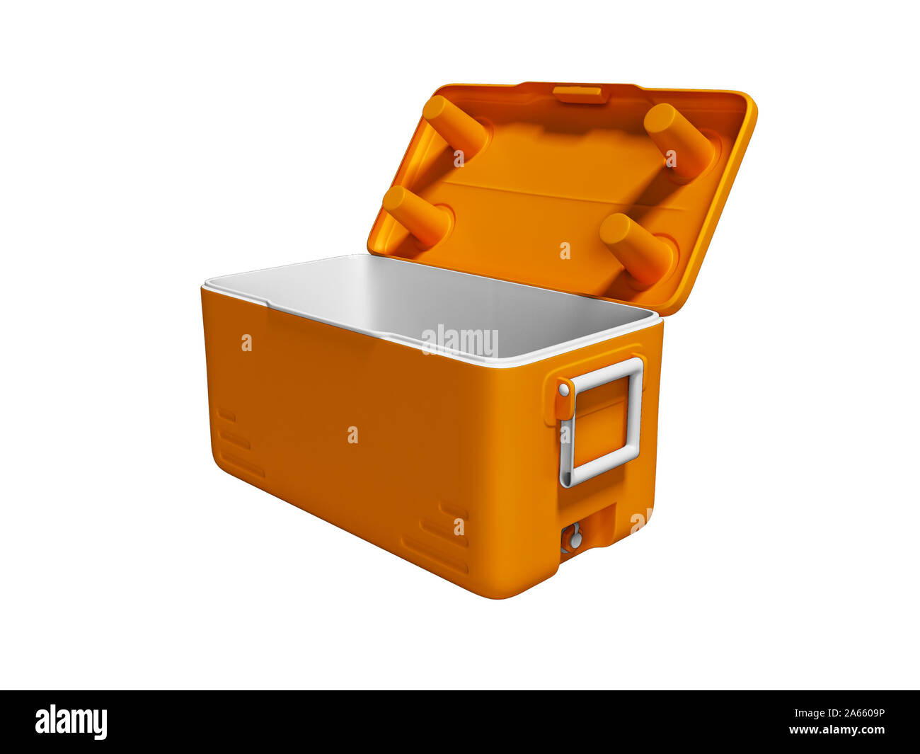 Orange Kühlschrank portable offen für Kühlung für Getränke isoliert 3D-Render auf weißem Hintergrund kein Schatten Stockfoto