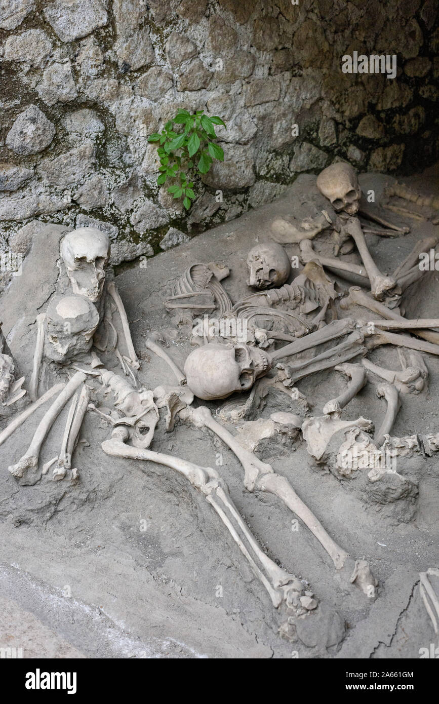 Ercolano. Italien. Archäologische Ausgrabungen von Herculaneum. Wirft der Skelette im Boot Häusern gefunden auf der alten Küstenlinie. Stockfoto