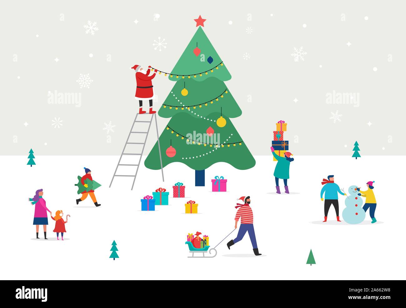 Frohe Weihnachten, Winter Szene mit einem großen Weihnachtsbaum und kleinen Leute, junge Männer und Frauen, Familien Spaß im Schnee Stock Vektor