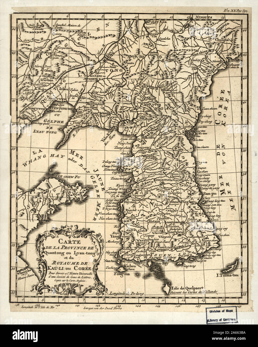 Karte von Quantong Provinz oder lyau-tong und des Königreichs Kau-li oder Korea - Für die universelle Geschichte von einer Gesellschaft, in der Männer von Buchstaben Stockfoto