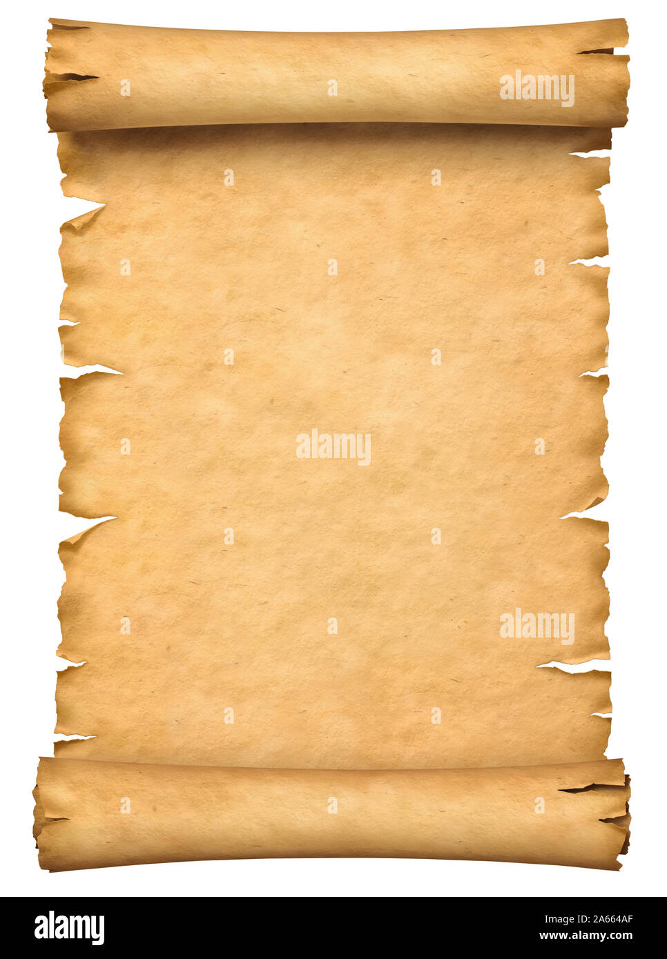 Altes Papier Manuskript oder Papyrusrolle vertikal ausgerichtet auf weißem Hintergrund. Stockfoto