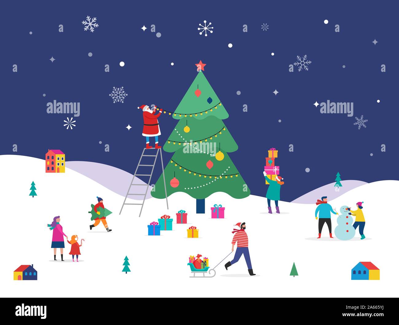 Frohe Weihnachten, Winter Szene mit einem großen Weihnachtsbaum und kleinen Leute, junge Männer und Frauen, Familien Spaß im Schnee Stock Vektor