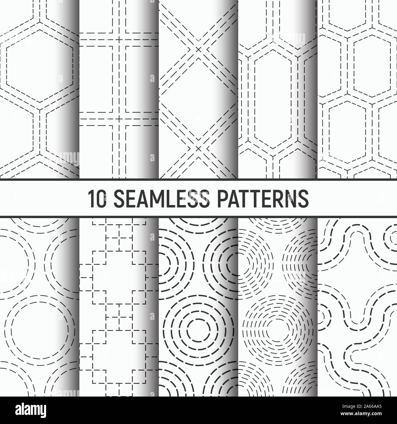 Satz von zehn Schwarzweiß nahtlose gepunkteten Muster. Abstract vector Hintergründe. Wiederkehrende geometrische Fliesen mit gepunkteten Sechsecke, Rechtecke, Linien, Kreise. Stock Vektor