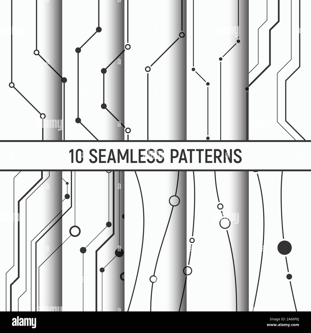 Satz von zehn nahtlose Linien Muster. Abstrakte geometrische trendy Vektor monochromen Hintergründen. Kleine gefüllte Kreise in Knoten. Stock Vektor