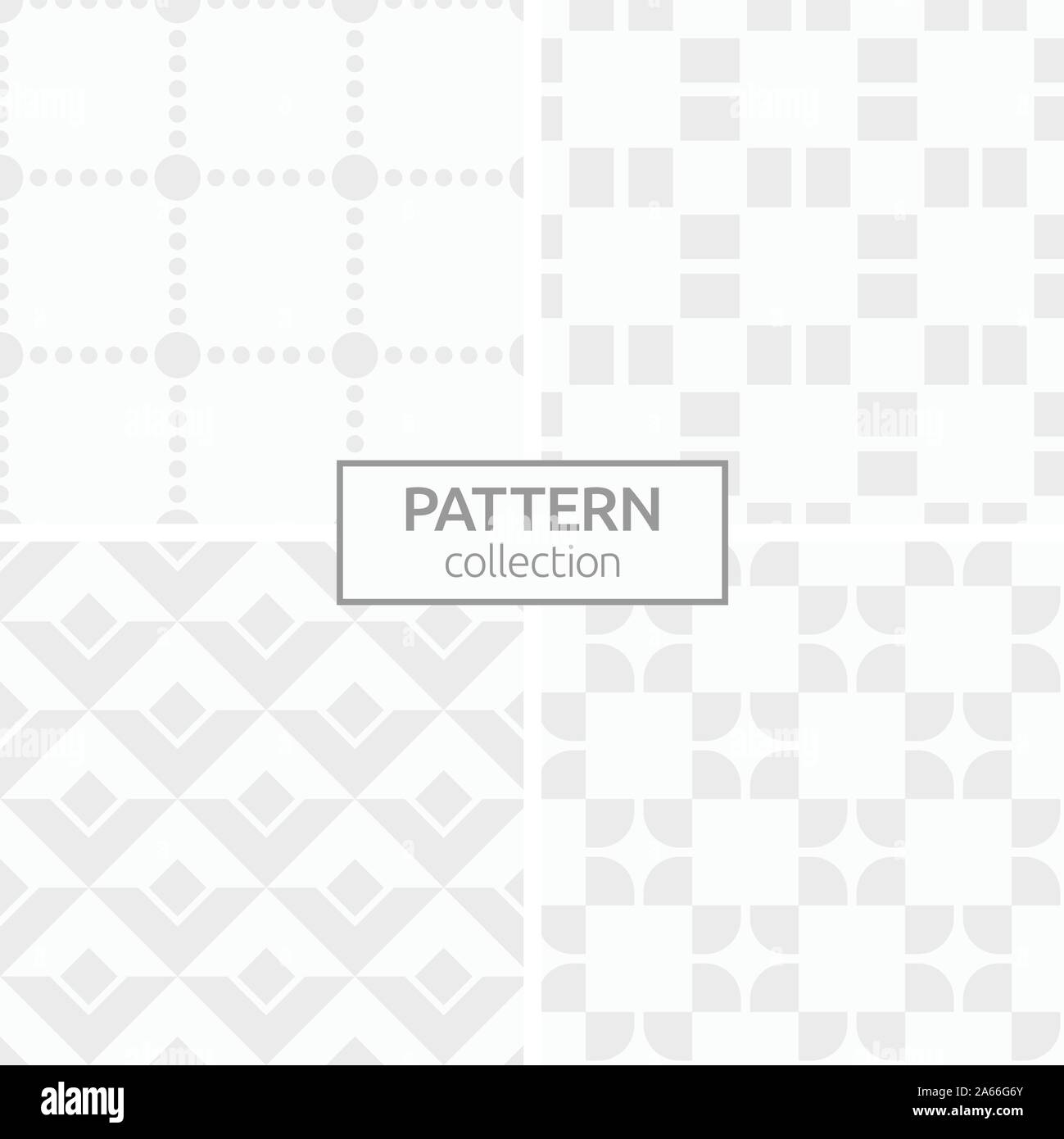 Satz von vier abstrakte geometrische nahtlose Muster. Modernes, stilvolles Hintergründe. Weiße und graue geometrischen Texturen. Gestrichelte Rechtecke, abgerundete Fliesen. Stock Vektor