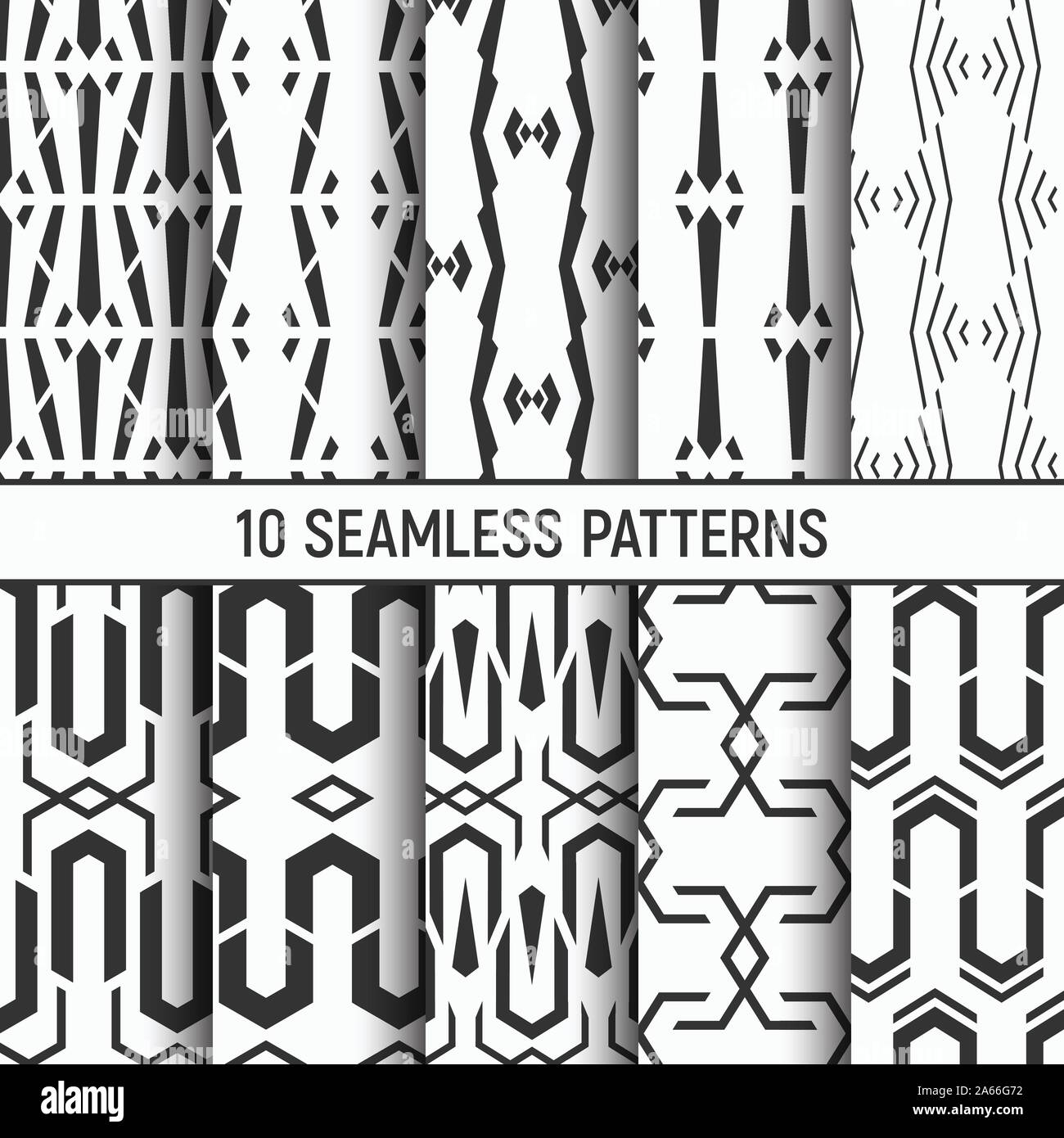 Satz von zehn Schwarzweiß nahtlose Muster. Abstrakte geometrische Vektor Hintergründe. Modernes, stilvolles Texturen von sich wiederholenden geometrischen Fliesen. Stock Vektor