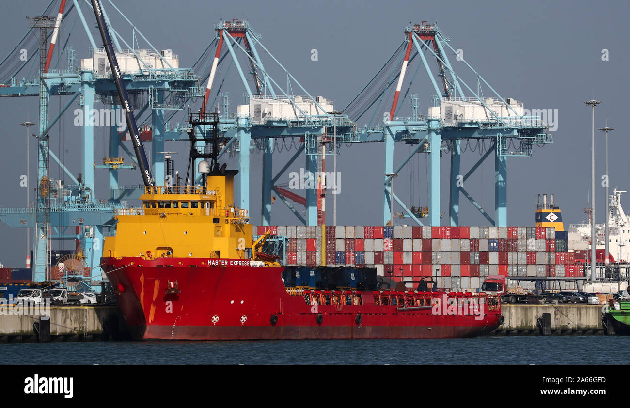 Container im Hafen von Zeebrügge in Belgien nach 39 Einrichtungen innerhalb eines Lkw, der vom Hafen zum Hafen von Tilbury in Essex gereist waren gefunden wurden. Stockfoto
