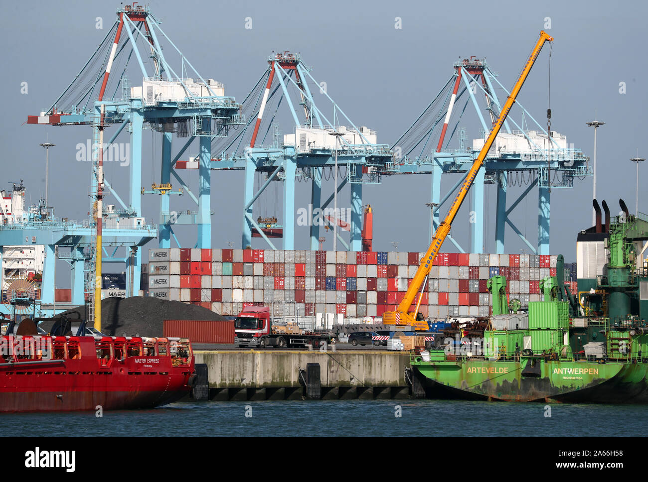 Container im Hafen von Zeebrügge in Belgien nach 39 Einrichtungen innerhalb eines Lkw, der vom Hafen zum Hafen von Tilbury in Essex gereist waren gefunden wurden. Stockfoto