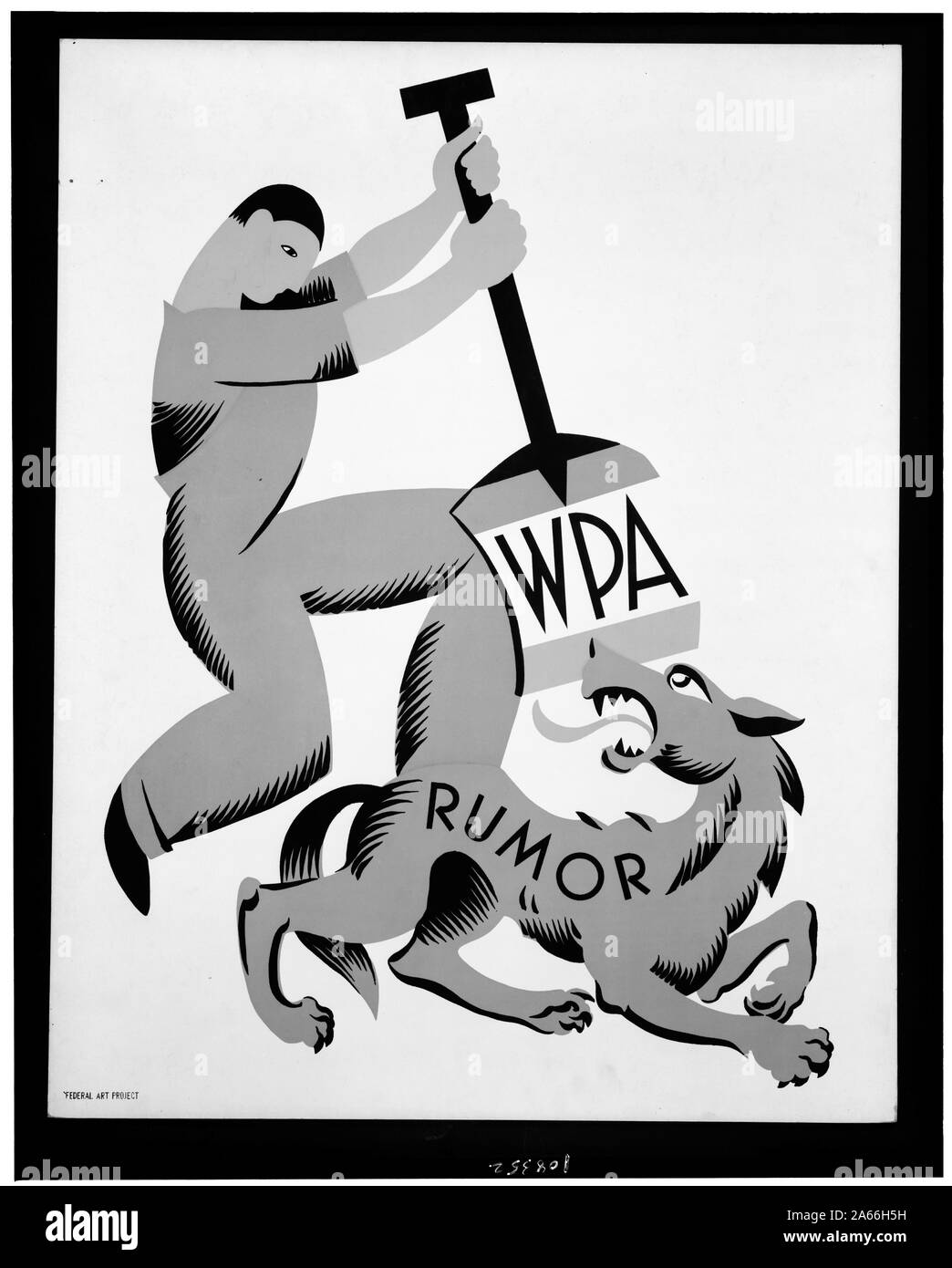 WPA Gerücht Abstract: Poster, auf dem ein Mann mit WPA Schaufel angreifenden Wolf beschriftet Gerücht. Stockfoto