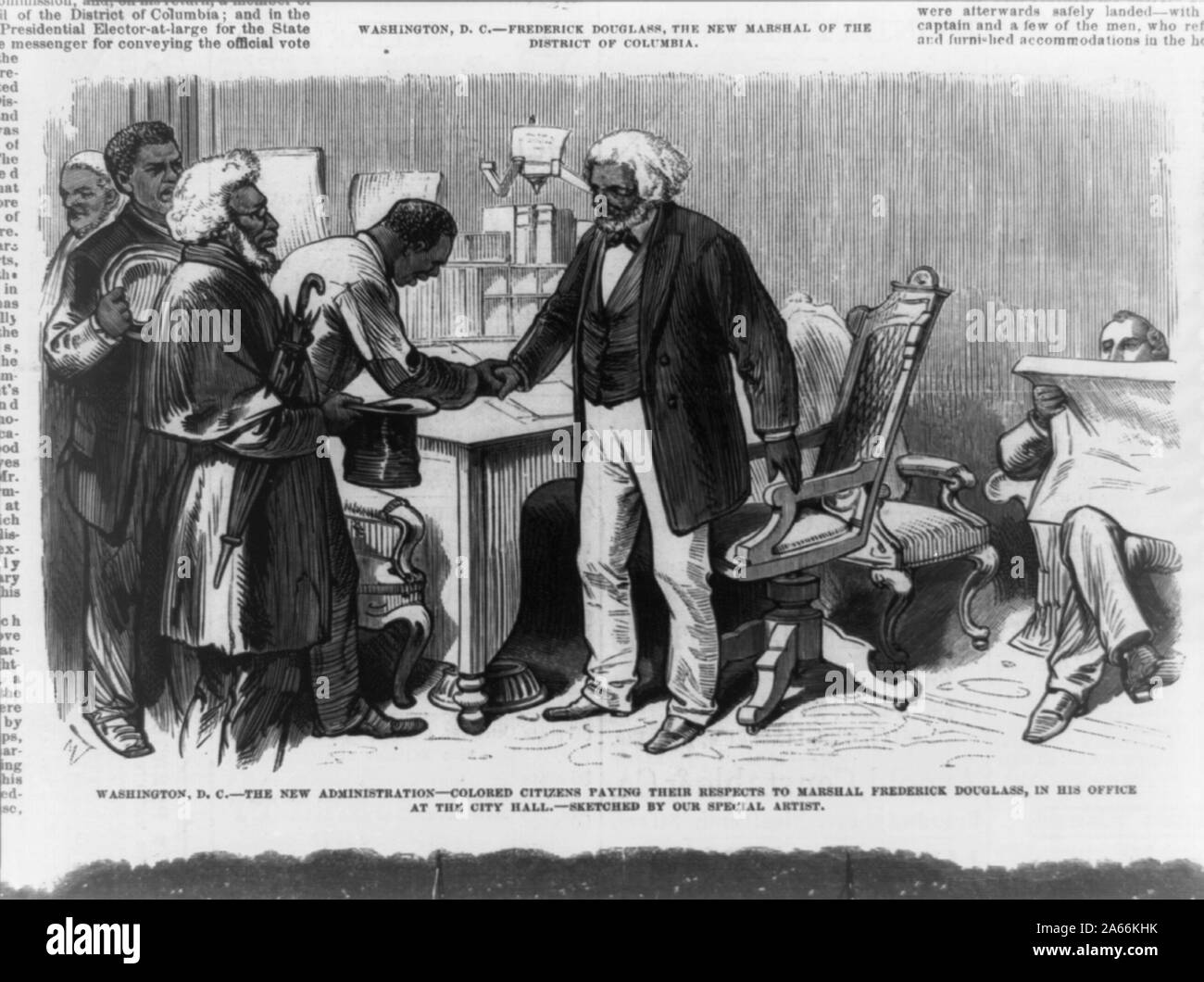 Washington, D.C. -- die neue Administration - farbige Bürger zahlen, um ihren Respekt zu Marshall Frederick Douglass, in seinem Büro im Rathaus/skizziert, die von unseren speziellen Künstler. Stockfoto