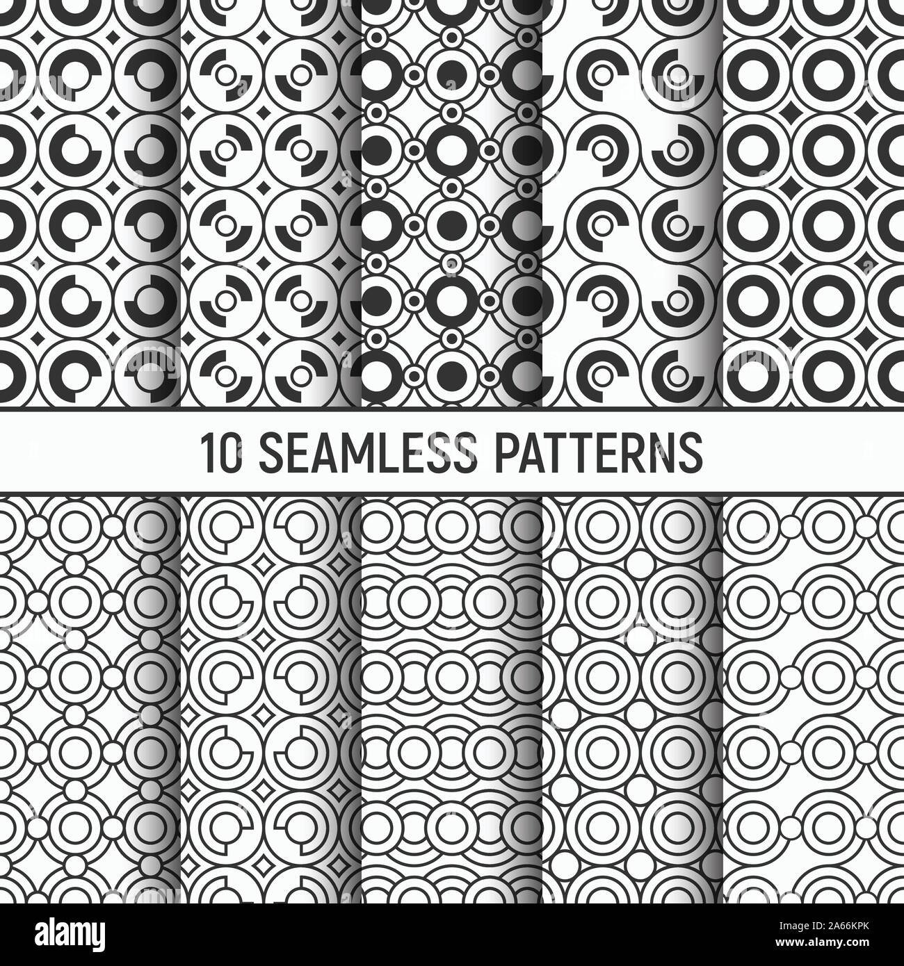 Satz von zehn Schwarzweiß nahtlose Muster. Abstrakte trendy Vektor Hintergründe. Fashion Design. Kreise, gebogene Rauten. Stock Vektor