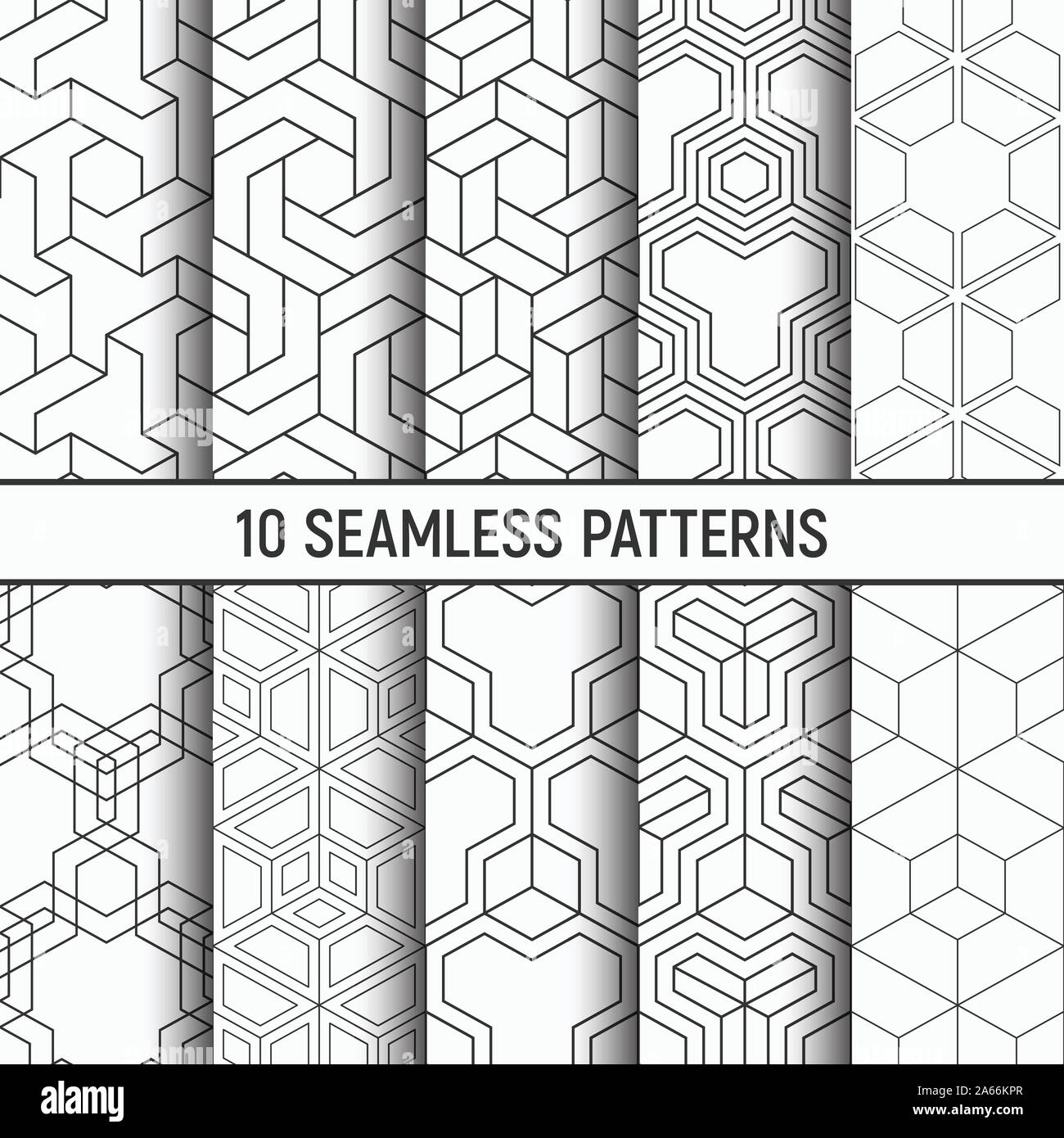 Satz von zehn nahtlose Schwarzweiß-Mustern. Abstrakte geometrische trendy Vektor Hintergründe. Lineare Stil. Fashion Design. Geometrische Fliesen. Stock Vektor