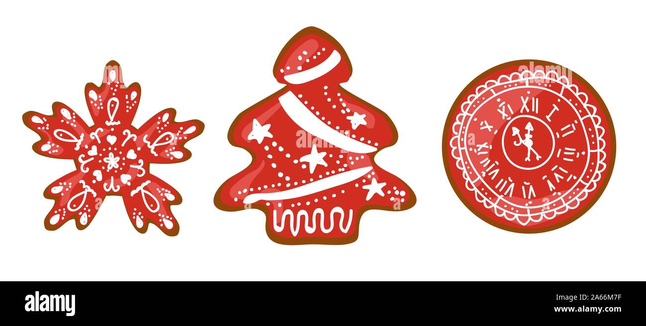 Weihnachten Lebkuchen Cookies. Süßigkeiten mit Puderzucker. Das neue Jahr Desserts. Farbe rot Stock Vektor